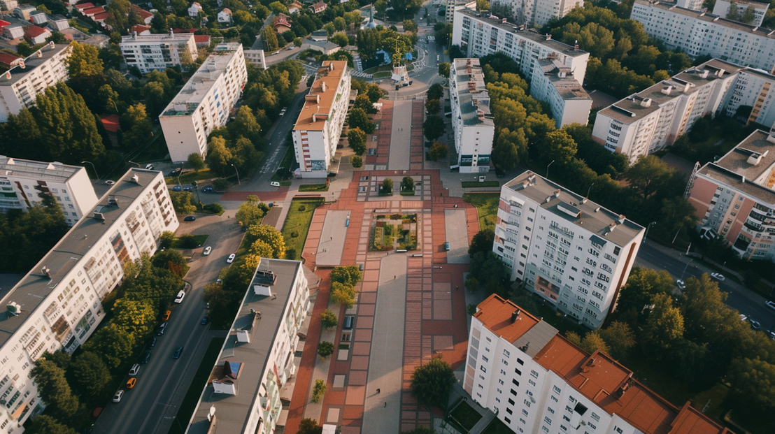 Vista aerea di un condominio durante un’ispezione del tetto con drone