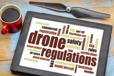Pilota di drone professionale con radiocomando e drone DJI pronto al decollo