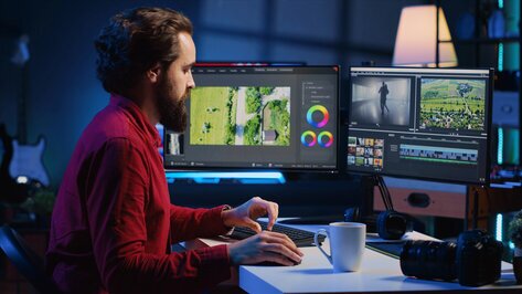Timeline di montaggio video al computer con riprese aeree